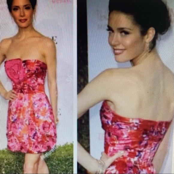 NWT BCBGMaxAzria Pink Floral Begonia Bubble Hem Cocktail Dress Strapless Size 0 - Picture 2 of 16